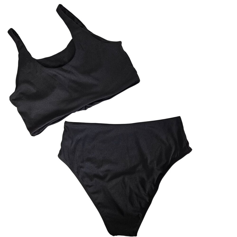 Zaful Womens Black Ribbed High Waist Bikini Set Size XL Knot Front Beach Pool - Picture 2 of 9